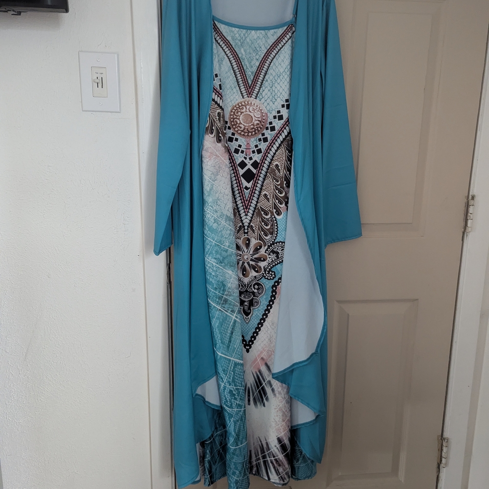 Elegant Blue Patterned Dress with Overlay